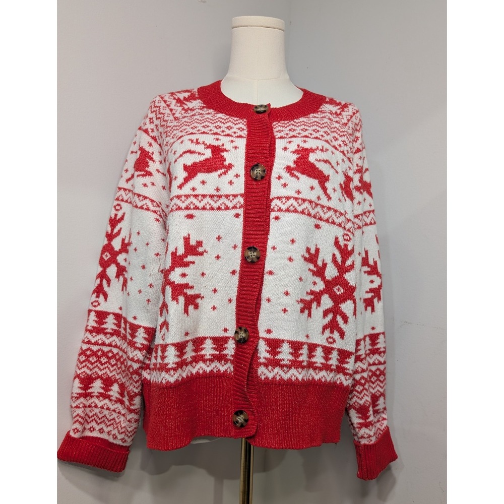 Christmas Reindeer Snowflake‎ Fair Isle Cardigan Sweater Red White XL